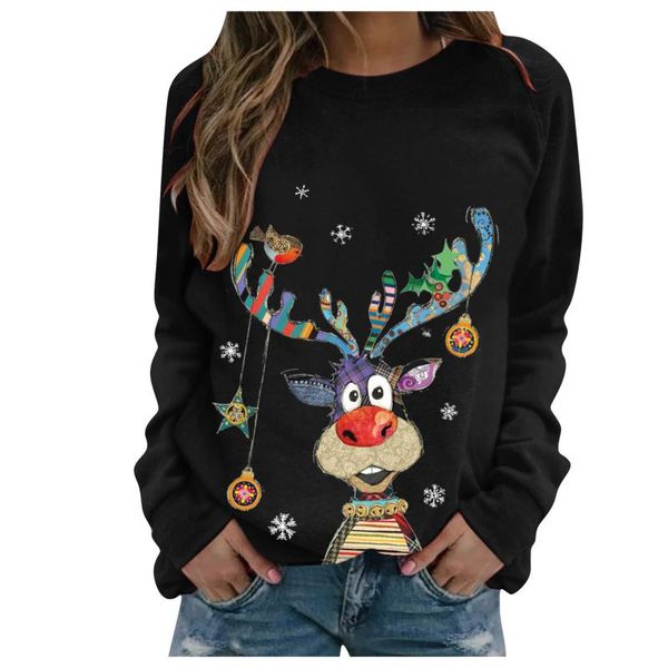 

women's chirstmas print long-sleeved sweatshirt casual blouse pullover clothing autumn o-neck pullover merry chirstmas#t2, Black