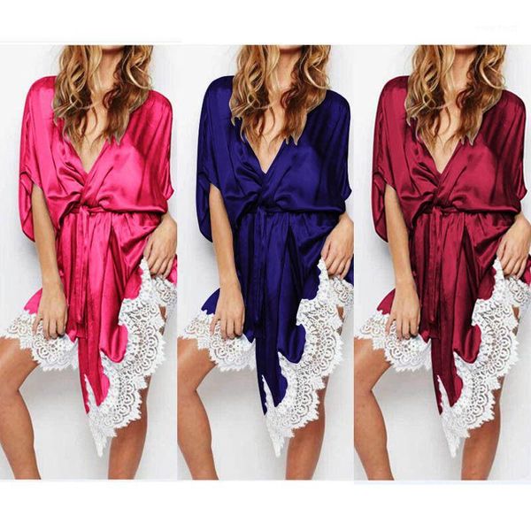 

2018 new style robes women v neck satin silk lace kimono robe dressing gown long wedding nightwear summer1, Black;red