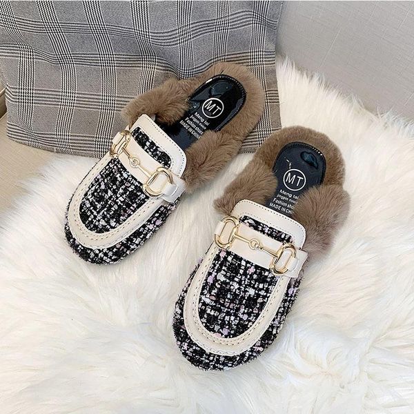 

2020 autumn winter women shoes plush women slippers muller outdoor leisure fur slippers flat shoes new peas, Black