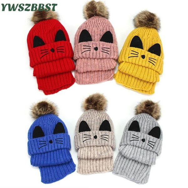 

baby hat with ball cute cat ear baby hat scarf set children winter for girls cotton knitted beanie cap fit 2 to 14 years old, Yellow