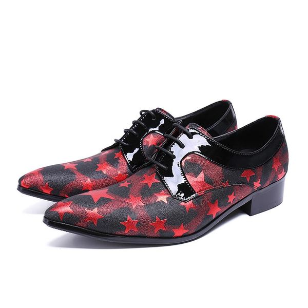 

pointed men 3 color toe fashion genuine leather shoes lece-up star print dress oxfords wedding party shoes for men, Black