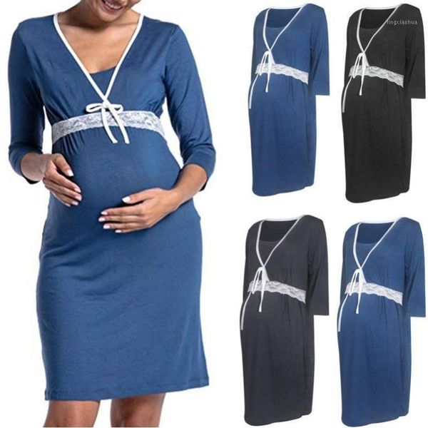 

2020 new maternity dresses women fake two piece pregnancy dress autumn striped patchwork casual nursing breastfeeding robe1, White