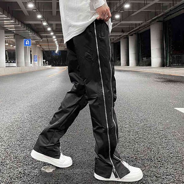 

zipper front double straight drawstring casual trousers mens high street style streetwear loose cargo pants, Blue