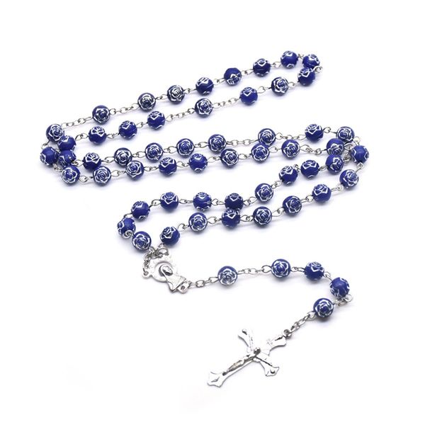 Blaue Kunststoff-Rosenstrang-Halskette, lange Jungfrau-Kreuz-Rosenkranz-Halskette für Männer und Frauen, religiöser Schmuck