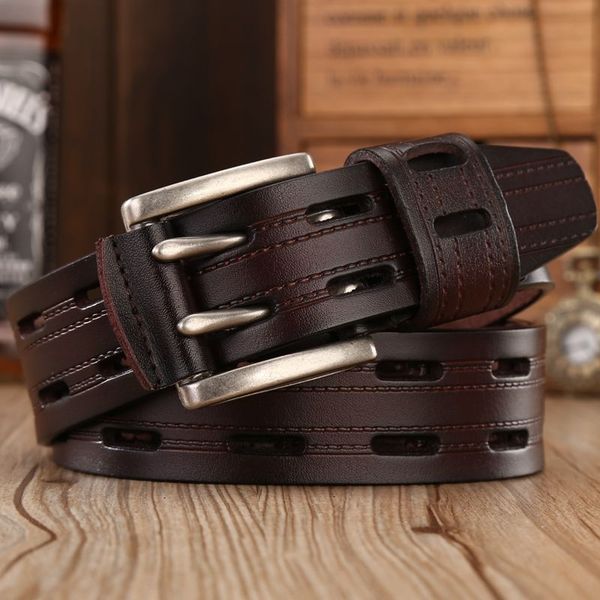 

genuine leather belts for men brand strap male double pin buckle fancy vintage jeans cowboy cintos 201109, Black;brown