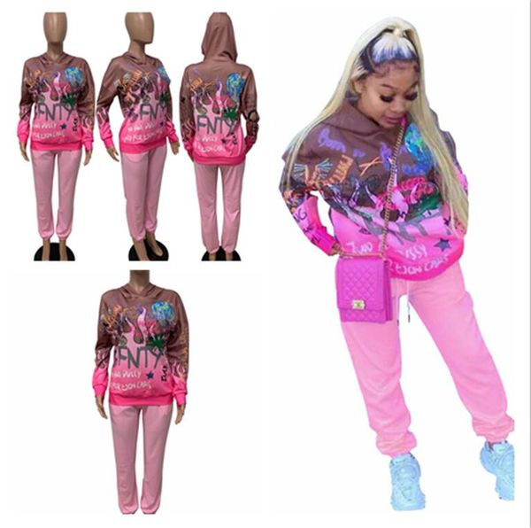 

women long sleeve tracksuit cartoon sweatsuits winter hoodies pants two piece outfits casual hooded street matching sport suit f101905, White