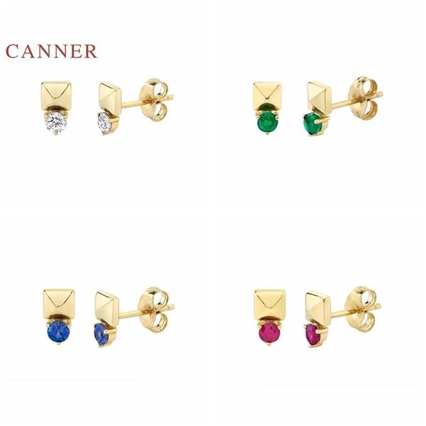 

CANNER Earrings For Women 925 Sterling Silver Pendientes Pyramid Ins Piercing Stud Earrings Zircon Korean Fine Jewelry Joyero, Golden;silver