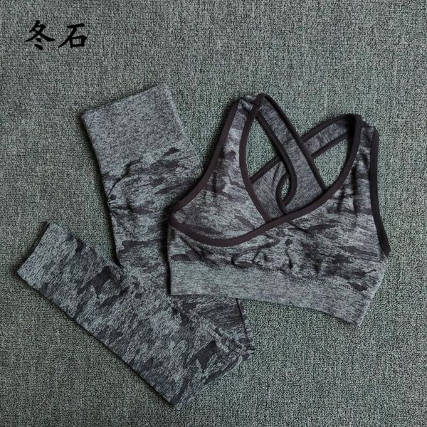 

2pcs yoga set seamless camouflage women fitness clothing sports wear gym leggings padded push up strappy sports bra suits, White;red