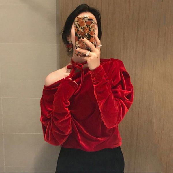 

2021 spring autumn casual vintage velvet blouse shirt korean fashion halter elegant blouses women blusa mujer, White