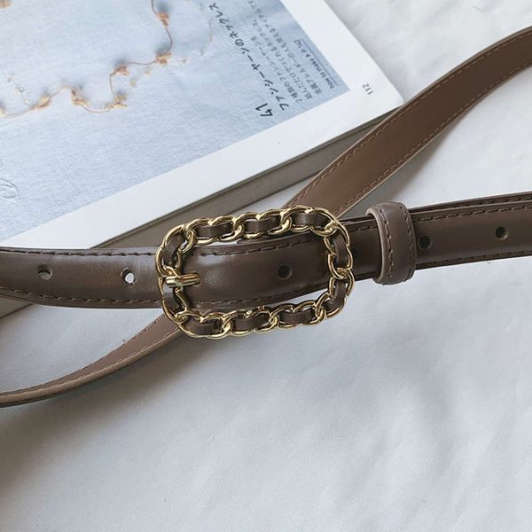 

style korean chain in buckle with pressed line leather belt and jeans, Black;brown