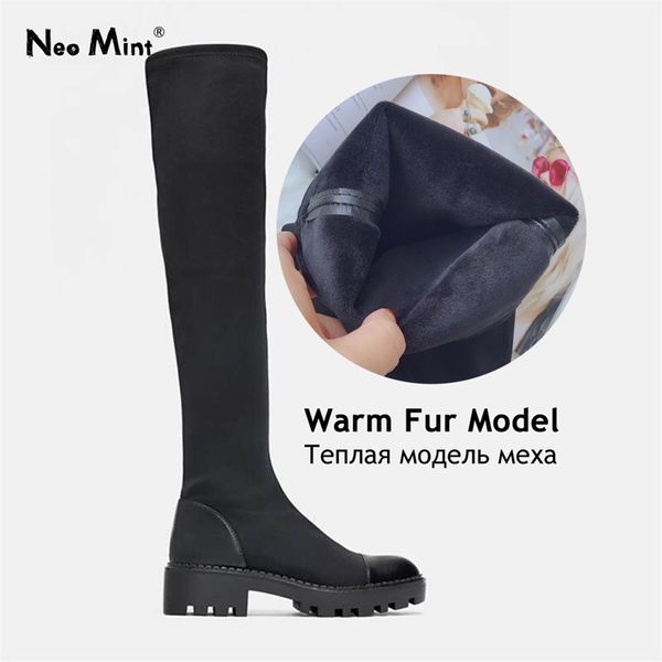 

2019 warm fur women slim stretch lycra platform high ladies long winter shoes over the knee boots t200425, Black