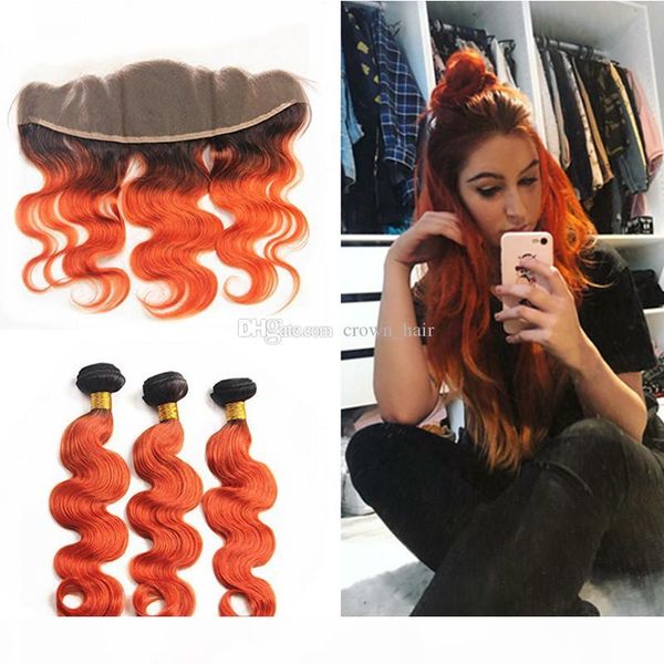 

pupulor orange color body wave hair 3bundles with lace frontal brazilian virgin hair weaves weft with ear to ear lace frontal 13x4, Black