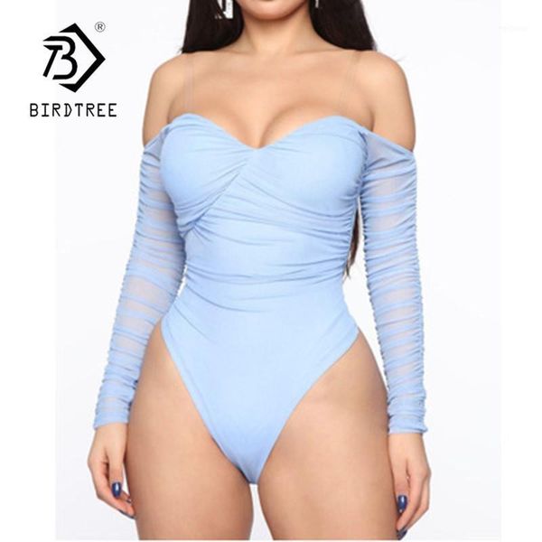 

new fashion solid color mesh bodysuit women off-the-shoulder wrapped chest pleated long-sleeved bodysuits d06502y1, Black;white