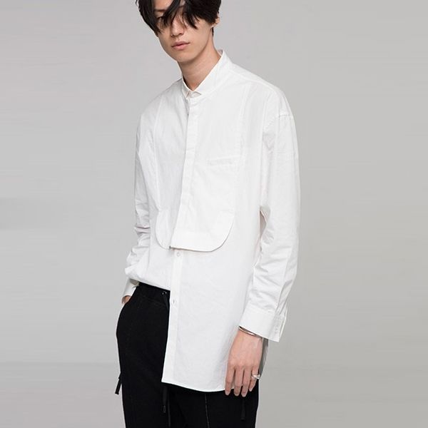 

2020 men's badun qishi shirt sleeve section long cotton sewing casual, regular, solid collar single breasted shirts teac, White;black
