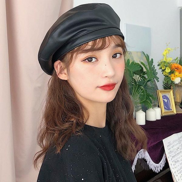 

ht2694 pu leather hat women berets vintage solid plain artist painter hat ladies casual flat cap female autumn winter beret hats, Blue;gray