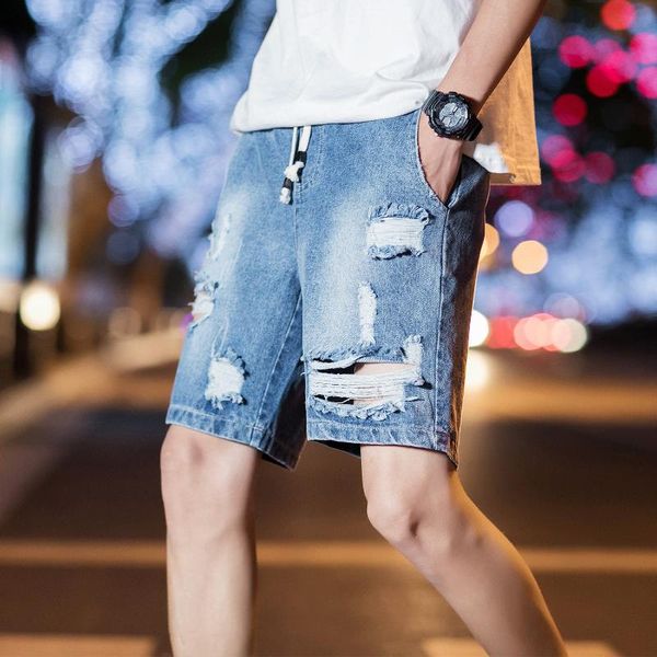 

mens summer denim shorts mens fashion casual straight loose hole short jeans cotton solid denim shorts, Blue