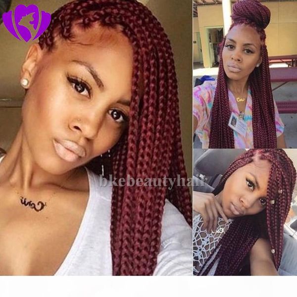 

elling burgundy braided lace wig hand tied glueless high temperature braids synthetic full lace front wig for africa american women, Black
