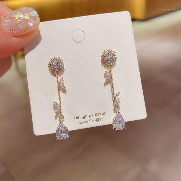 

exquisite long style flower leaf water drop earrings gold color cubic zircon earrings women party jewelry1, Silver