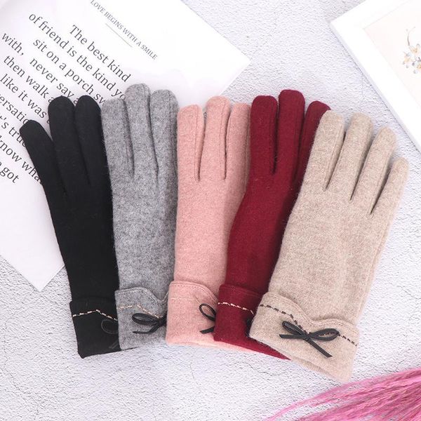 

1pair fashion female wool gloves winter warm cashmere full finger bow gloves, Blue;gray
