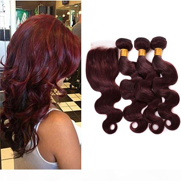 

7a 99j red peruvian body wave human hair extension 3 bundles dark wine red color peruvian virgin hair burgundy weave with closure, Black;brown