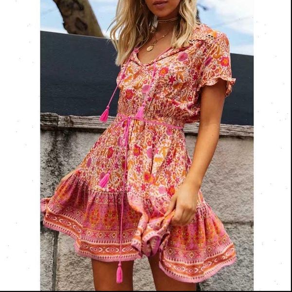 

loose summer dress 2021 pink floral print dress v neck short sleeve women dresses new holiday beach dress, Black;gray