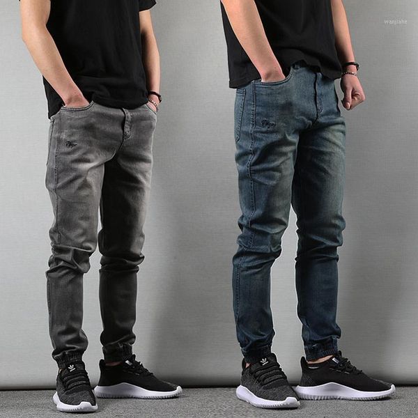 

japanese vintage fashion men jeans retro wash elastic denim cargo pants men harem trousers streetwear hip hop jeans joggers1, Blue