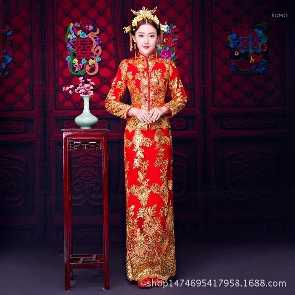 

traditional wedding gown new bride dress chinese cheongsam phoenix vintage dresses elegant china qipao robes oriental wholesale1, Red