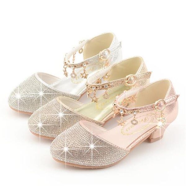 

новые девушки танцевальные туфли принцесса высокие каблуки детей горный хрусталь пряж ремешок студент детские сандалии летние детские малыши, Black