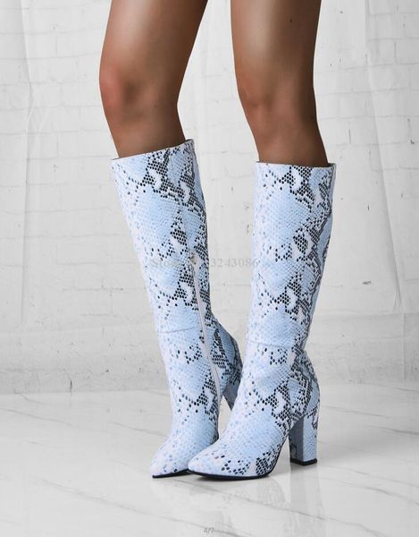 

printed python leather chunky heel knee high boots woman pointed toe thick heel long boots lady fashion large size, Black