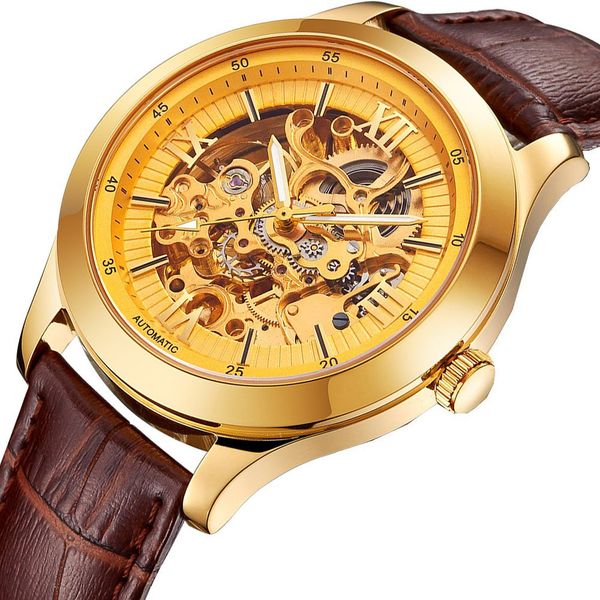 

mechanical men's high grade plated watch fashion business gold automatic wiltc, Slivery;brown