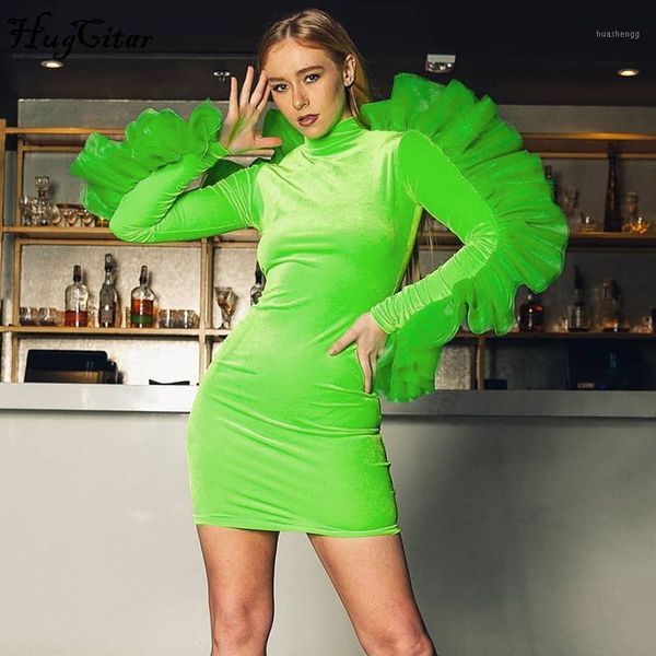 

hugcitar 2020 long sleeve lace ruffles patchwork mini dress autumn winter women streetwear party special outfits1, Black;gray