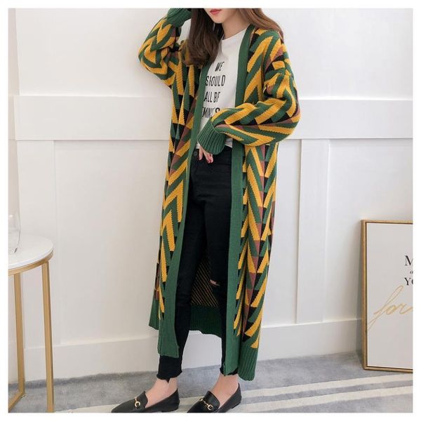 

hsa women long sweater cardigans 2018 autumn winter long sweater jacket geometric knit cardigans overcoat winter coat woman1, White