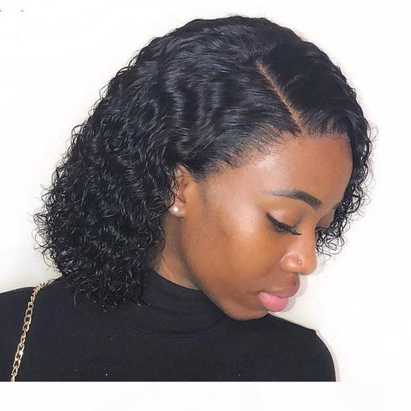 

human hair curly lace front wigs short part glueless virgin peruvian hair curly full lace human hair bob wig for black women, Black;brown