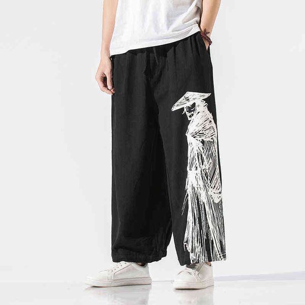 

chinese style oversized pants men new streetwear retro printed linen casual male tai chi kung fu straight 5xl 0214, Black
