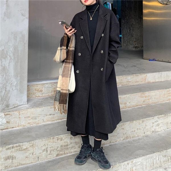 

women's wool & blends black woolen coat for fall / winter 2021 hepburn style loose warm and cotton thickened long sleeve