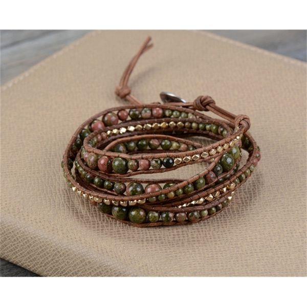 

new graduated natural stones with gold beads 5 strands weave leather wrap bracelet multi layered vintage bracelets y200730, Black