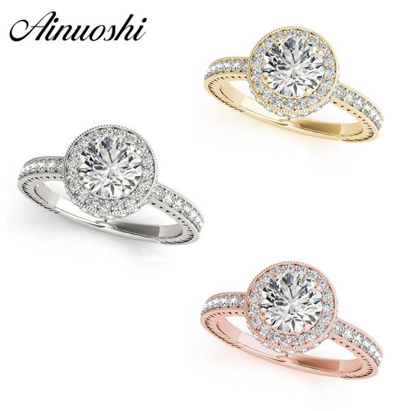 

ainuoshi classic925 sterling silver white gold yellow gold rose gold color round cut 1ct rings women engagement halo silver ring y200106, Slivery;golden