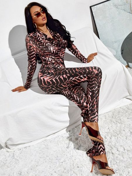 

allover print draped collar flare leg jumpsuit g9za#, White