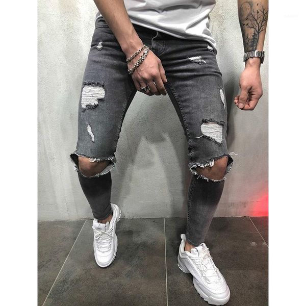 

high street fashion spring summer men's jeans pencil pants new arrival skinny washed hole harem badge denim trousers 20201, Blue