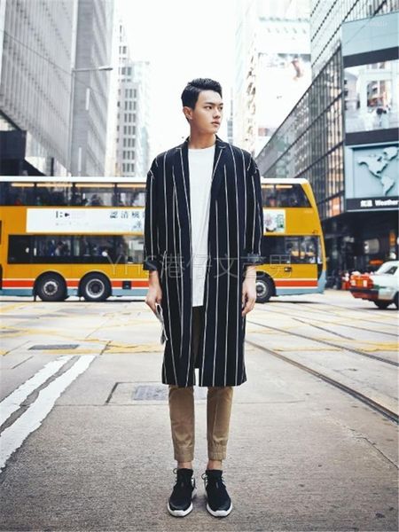 

fashion plus size loose men's clothing classic stripe design all-match long trench overcoat outerwear trend1, Tan;black