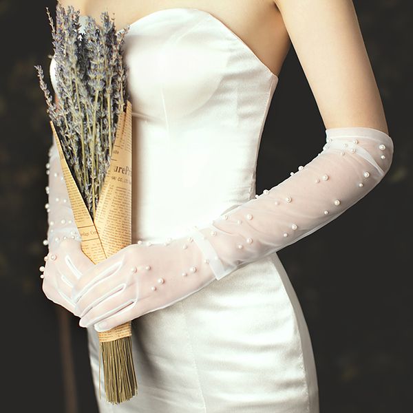 

summer women ultra-thin pearl lace sunscreen driving mesh yarn long full finger touch screen gloves h6, Blue;gray