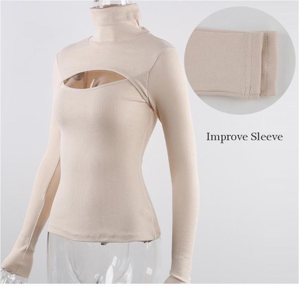 

cybill ribber knitted turtleneck women hollow out casual long sleeve t shirt skinny autumn winter slim tee lady bbyprm, White