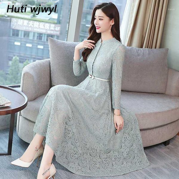 

2019 autumn winter plus size vintage lace midi dresses women elegant bodycon black maxi dress party long sleeve runway vestidos1, Black;gray