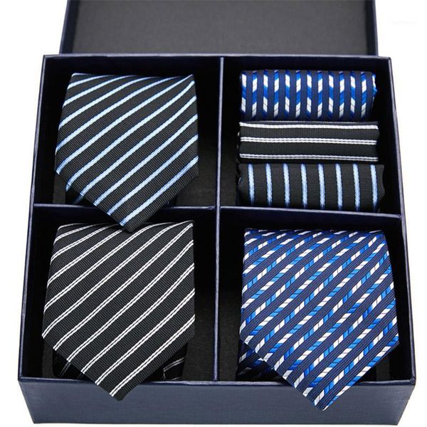 

luxury design striped tie set silk tie 3color blue black navy men 7.5 cm gift box set men & handkerchief gl-141, Black;gray