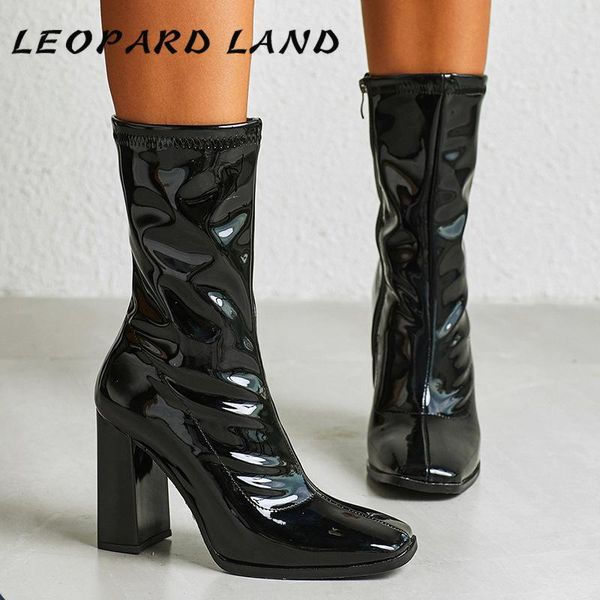 

boots leopard land winter square head killer booties women's shoes british high heel mid single zl-521-3, Black