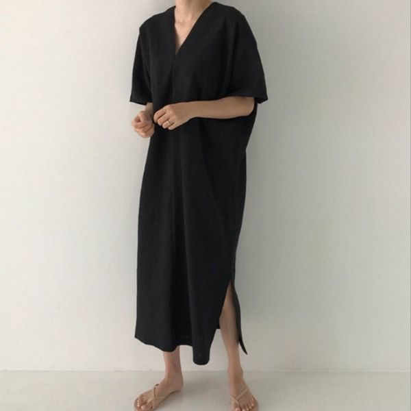 

south korea east gate women's national long skirt dress 2020 summer new french style minority light cooked wind cotton hemp long dress, Black;gray