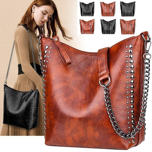 

large capacity casual rivet totes for women retro leather designer messenger bucket bags lady shoulder chain crossbody handbag