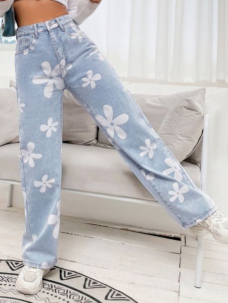 

floral print straight leg jeans p3ls#, Blue