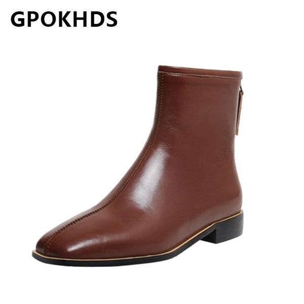 

boots gpokhds 2021 women ankle cow leather winter short plush square toe zipper low heels female size 43, Black