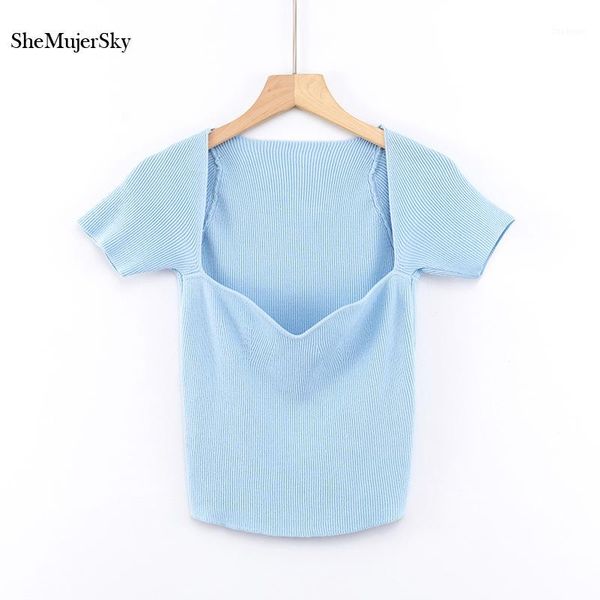 

shemujersky knitted square collar women solid color short sleeve blouse 2020 summer elastic shirts1, White
